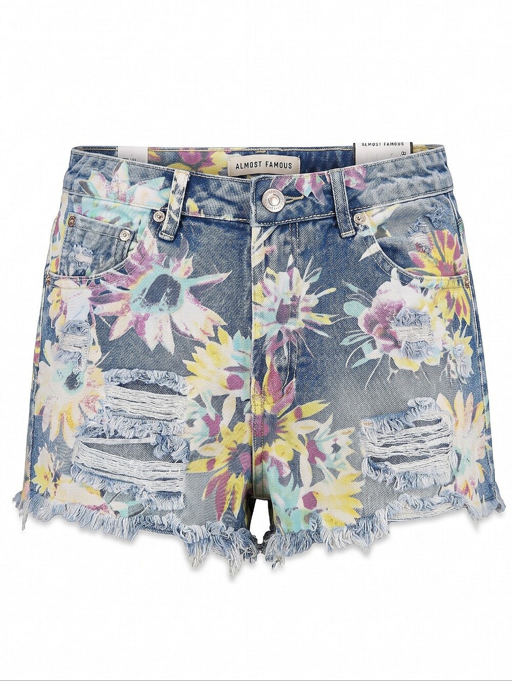 NWT! Almost Famous Mom Fit Sunflower Print Distressed Jean Shorts - Blue Multi